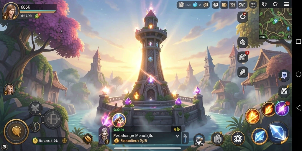 Tangkapan layar gameplay <strong>66K</strong> menampilkan pertahanan menara yang menakjubkan di tengah gelombang musuh.