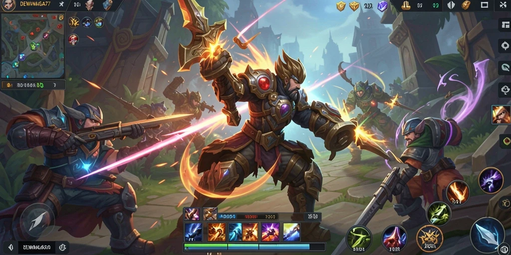 Tangkapan layar dari gameplay MOBA yang menampilkan pertempuran seru dalam DEWANAGA77.
