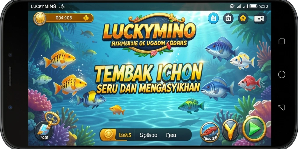 Screenshot utama LUCKYMINO menampilkan aksi seru menembak ikan.