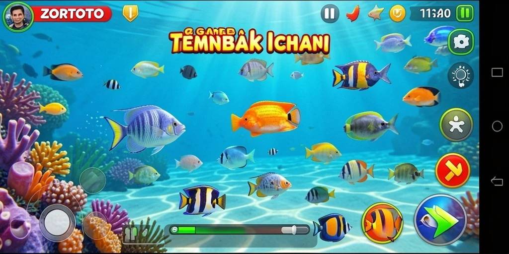 Tampilan gameplay ZORTOTO yang menarik dengan berbagai ikan berwarna-warni.